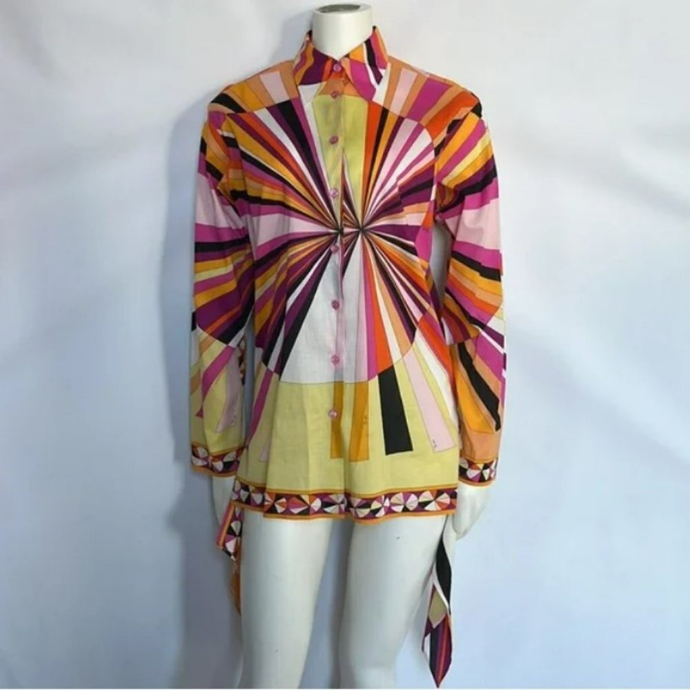 Emilio Pucci Button Down Pink Yellow Black Long Sleeve Shirt Blouse Top Size 8 - Picture 2 of 12
